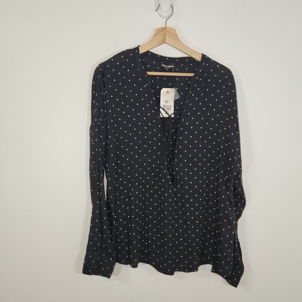 Billabong Black Polka Dot Lace Up Blouse Long Sleeve Top LARGE NWT Retails $55